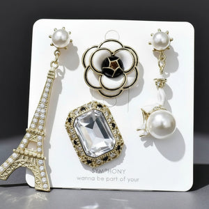 Set Spilla Donna Vintage Chic con Perle, Cristallo e Charms Torre Eiffel — Spille Dorate Fashion