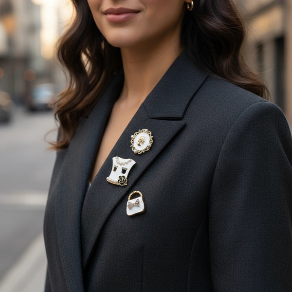 Set 4 Spille Donna Vintage Chic con Cammeo, Borsetta, Fiore e Perle — Spille Dorate Eleganti
