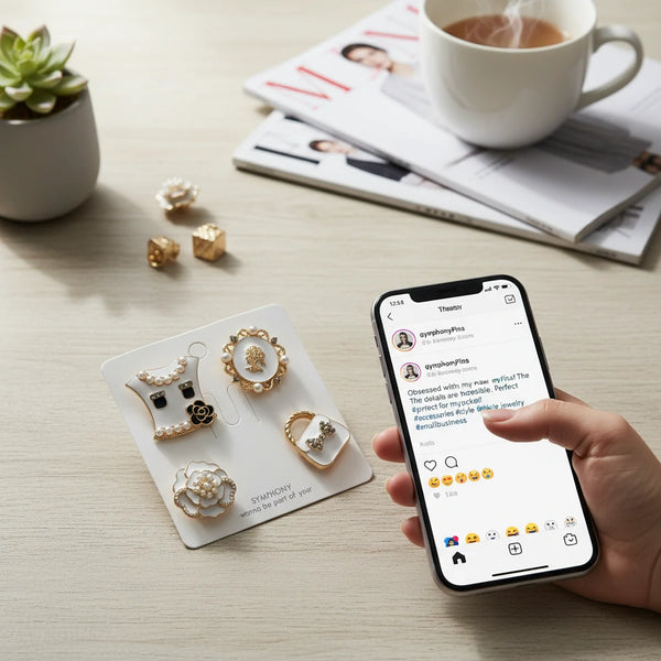 Set 4 Spille Donna Vintage Chic con Cammeo, Borsetta, Fiore e Perle — Spille Dorate Eleganti