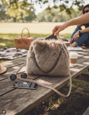 La Brava - Borsa firmata Gyoiamea in eco pelliccia morbida teddy pelo tracolla manici a catena