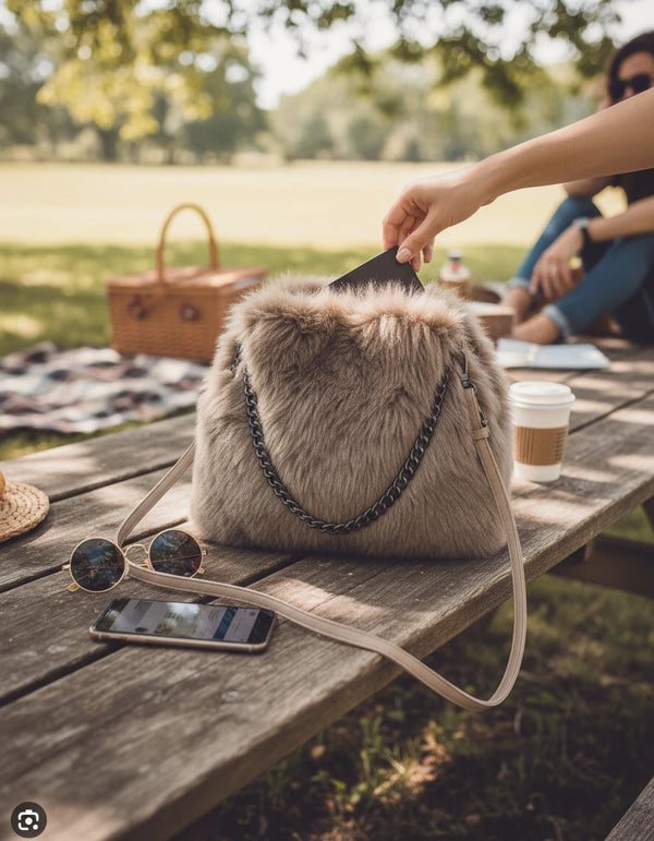 La Brava - Borsa firmata Gyoiamea in eco pelliccia morbida teddy pelo tracolla manici a catena