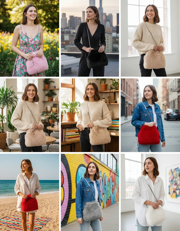 La Brava - Borsa firmata Gyoiamea in eco pelliccia morbida teddy pelo tracolla manici a catena