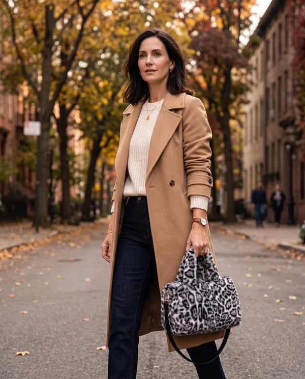 Bauletto leopardato in pelliccia sintetica NG-1112-1, indossata, look autunnale