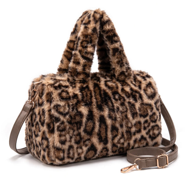 Bauletto leopardato in pelliccia sintetica NG-1112-1, colore tortora, vista su sfondo bianco