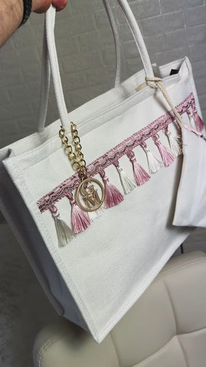 La Nascente - Borsa Shopper in Juta Beige con Nappine Boho e Pochette