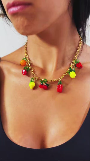 Fruttuosa - Collana Catena in acciaio colore Oro con Ciondoli Frutta Misti: Ciliegie, Limone e Anguria