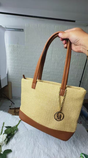 Ambra - Borsa shopping spalla paglia effetto raffia sintetica intrecciata simil pelle grande