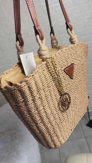 La Sola - Borsa paglia rigida tote bag shopping spalla manici in cuoio e corda