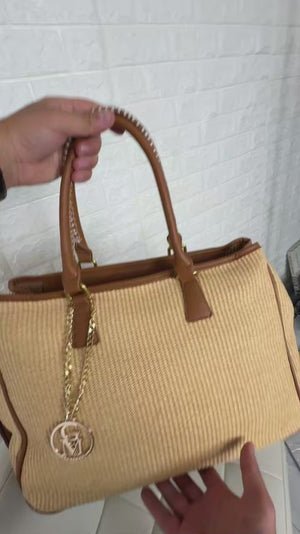 Luna - Borsa shopping spalla paglia effetto raffia sintetica intrecciata simil pelle grande tracolla