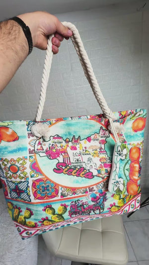 La Sicilia Bedda -  Borsa mare fantasia logo regione donna manici in corda