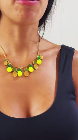 Ananas Party - Collana Catena acciaio Oro con Ciondoli Ananas Gialli e Verdi da Donna