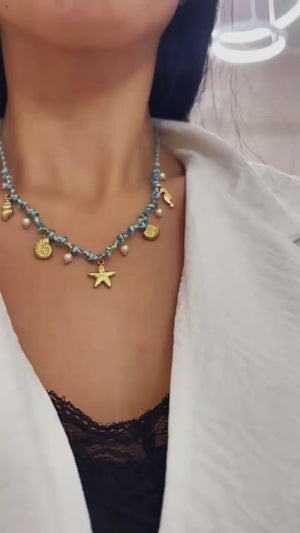 Costa Azzurra - Girocollo collana Catena Oro con Ciondoli marini conchiglie celeste