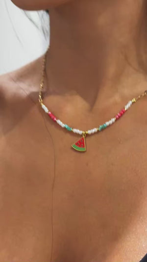 Dammi una fetta - Collana Catena acciaio colore Oro e Perline con Ciondolo banane casco Smaltata