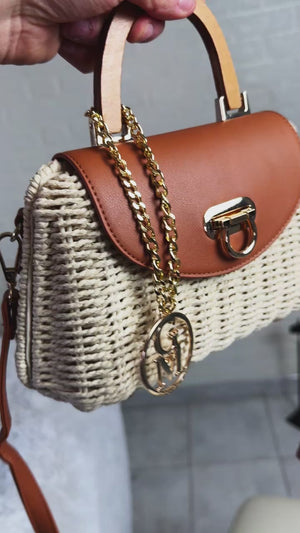 La Cassetta - Borsa Bauletto Donna In Paglia Rigida con Tracolla Borsetta Estiva a Mano manico legno