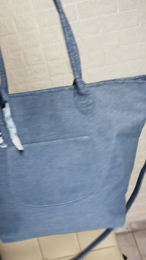 Valerya - Borsa Shopper Grande in Tela Denim Azzurra con Foulard e Tracolla