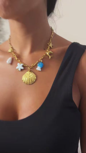 Acquario - Collana Catena Oro con Ciondoli Mare: Pesciolino Azzurro, Conchiglia e Stelle