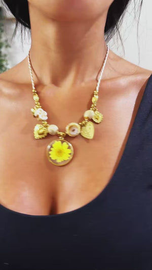 Girasole Pastello - Collana Vistosa da Donna con Pietre Grandi Pastello e Maxi Fiore acciaio Oro corda