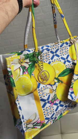 La Limonata - Borsa Shopper in Juta Beige con logo Boho e Pochette fantasia limoni fiori