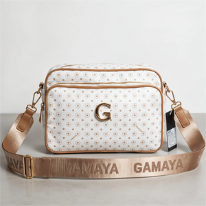 Borsa firmata GAMAYA dimensione media con zip cerniere tracolla donna logo fantasia logata multi tasche