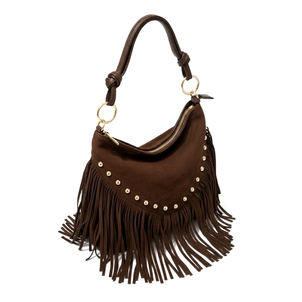 La Rodero - Borsa spalla frange camoscio scamosciata borchie monomanico