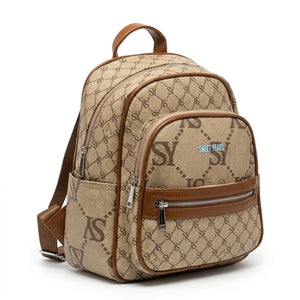 Zainetto donna fantasia logata WSY98028, colore beige e cuoio, vista principale su sfondo bianco
