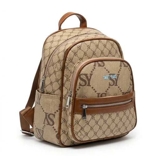 Zainetto donna fantasia logata WSY98028, colore beige e cuoio, vista principale su sfondo bianco