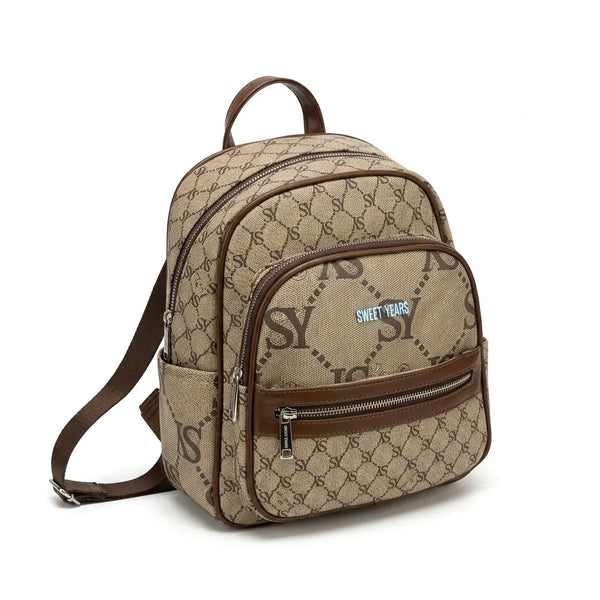Zainetto donna fantasia logata WSY98028, colore beige e marrone, su sfondo bianco