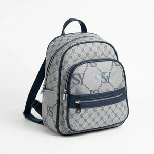 Zainetto donna fantasia logata WSY98028, colore grigio e blu, su sfondo bianco