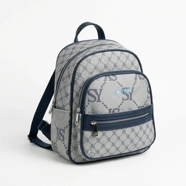 Zainetto donna fantasia logata WSY98028, colore grigio e blu, su sfondo bianco