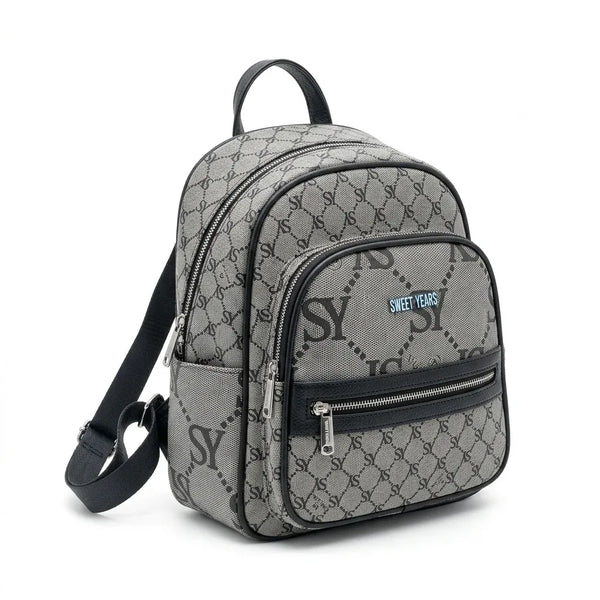Zainetto donna fantasia logata WSY98028, colore grigio e nero, su sfondo bianco