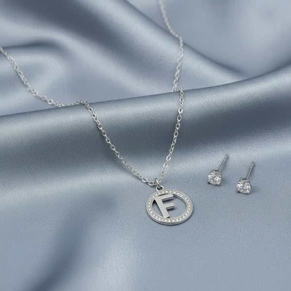 Set Parure Collana con Iniziale e Orecchini Punto Luce Acciaio Inossidabile - Regolabile (A-Z)