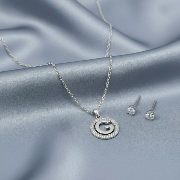 Set Parure Collana con Iniziale e Orecchini Punto Luce Acciaio Inossidabile - Regolabile (A-Z)