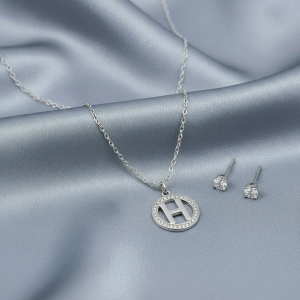 Set Parure Collana con Iniziale e Orecchini Punto Luce Acciaio Inossidabile - Regolabile (A-Z)