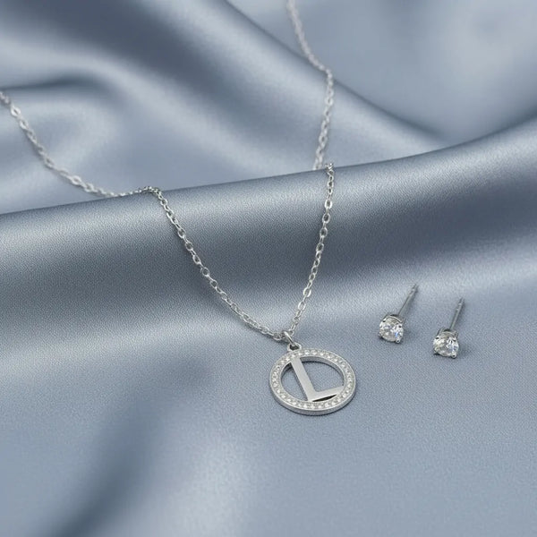 Set Parure Collana con Iniziale e Orecchini Punto Luce Acciaio Inossidabile - Regolabile (A-Z)