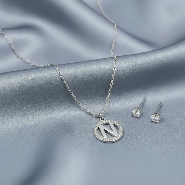 Set Parure Collana con Iniziale e Orecchini Punto Luce Acciaio Inossidabile - Regolabile (A-Z)