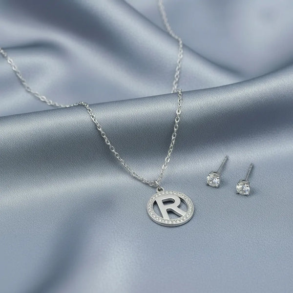 Set Parure Collana con Iniziale e Orecchini Punto Luce Acciaio Inossidabile - Regolabile (A-Z)