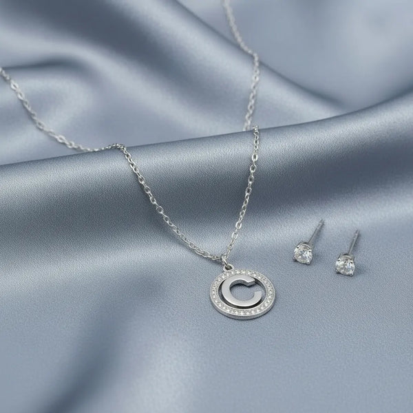 Set Parure Collana con Iniziale e Orecchini Punto Luce Acciaio Inossidabile - Regolabile (A-Z)