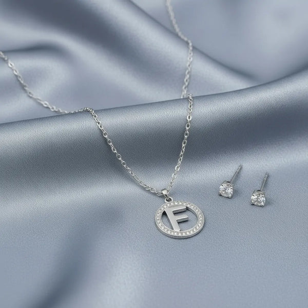 Set Parure Collana con Iniziale e Orecchini Punto Luce Acciaio Inossidabile - Regolabile (A-Z)
