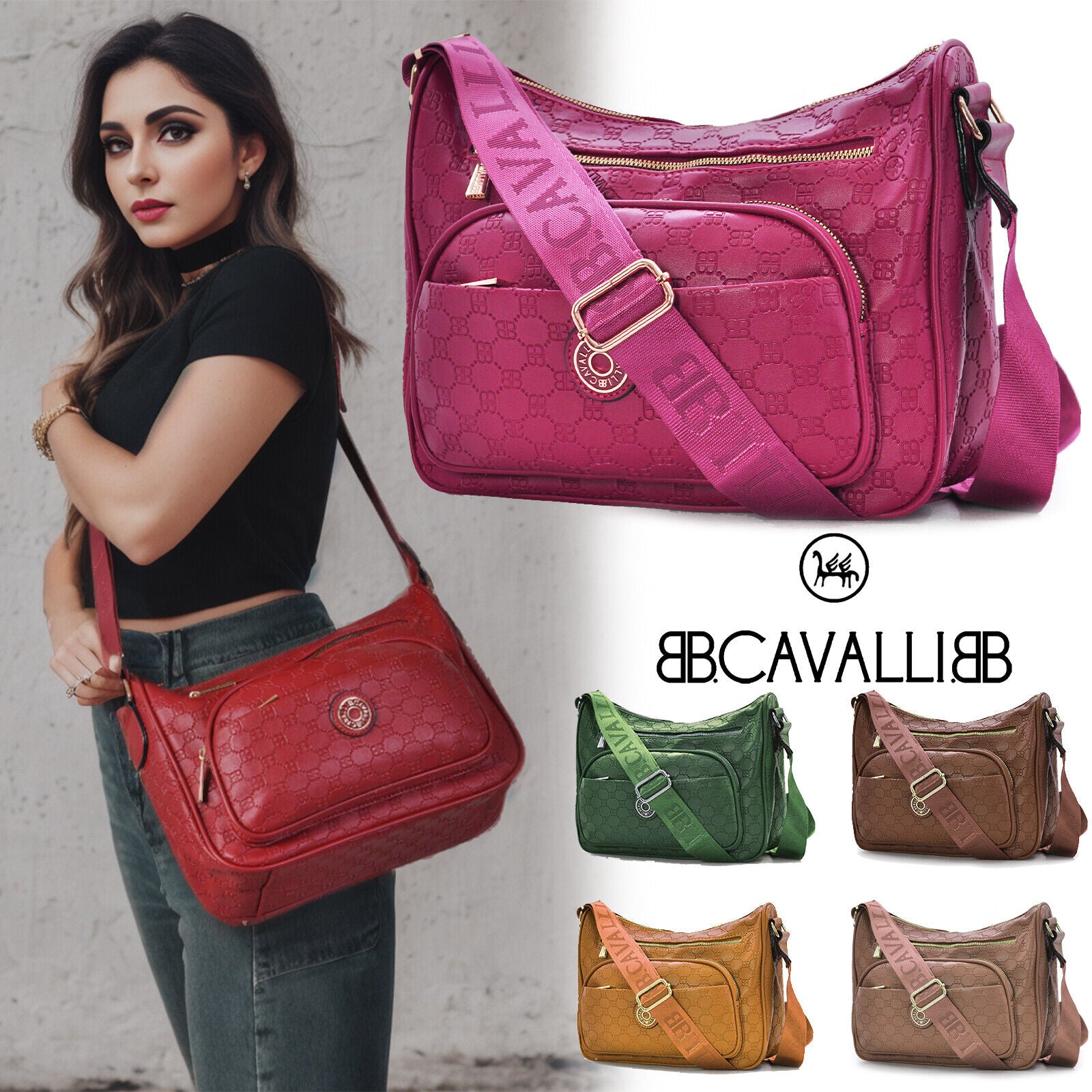 Borsa CAVALLI giornaliera pelle ricamata donna tracolla tasche fantasia tessuto