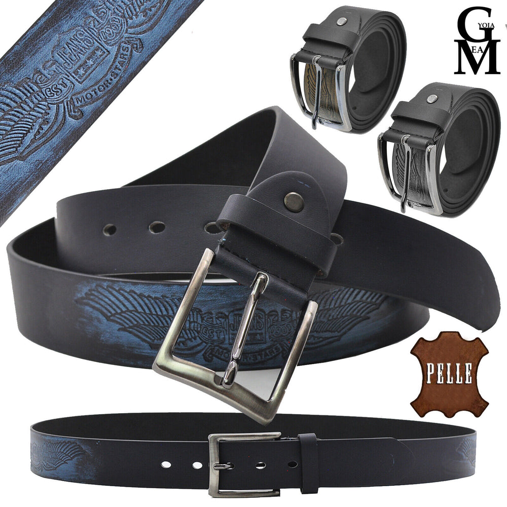 Cintura uomo elegante 3,5cm nuova pelle ali biker rock blu Cinta motociclista