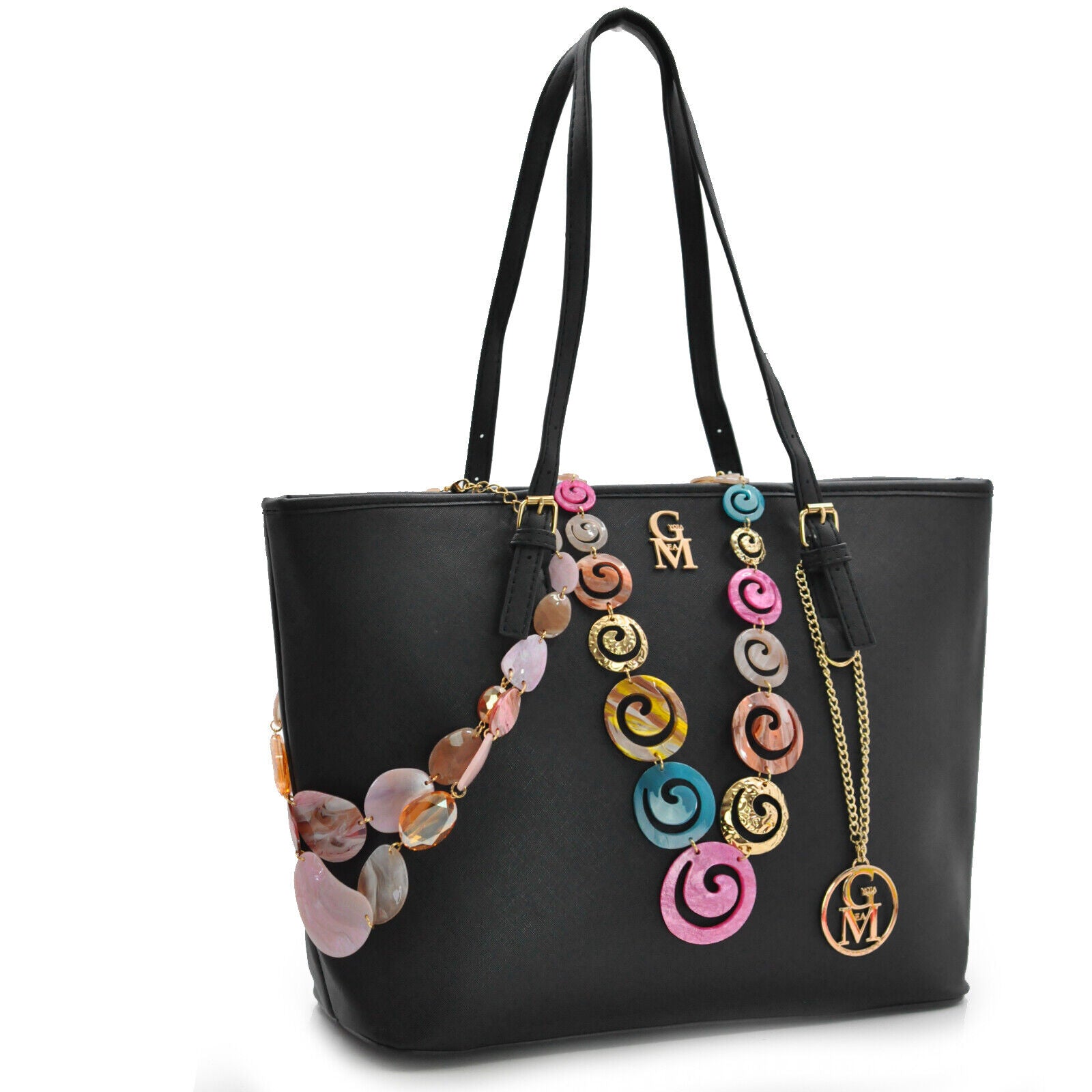 La Monica Borsa donna ricamata pietre multi colorate particolare nera shopping