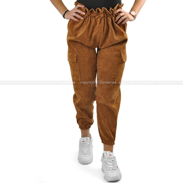 Pantalone cargo donna a coste elasticizzato tasconi velluto sportivo giornaliero