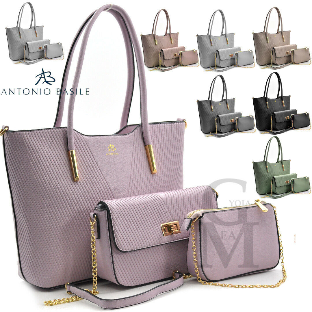 A.Basile set 3in1 borsa + borsetta + pochette trapuntata spina pesce donna lilla