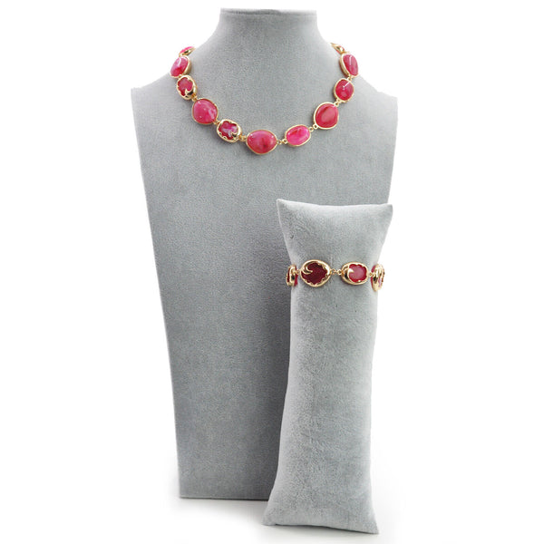 Parure Collana e bracciale turchese lunga pietre dure elegante fucsia verde