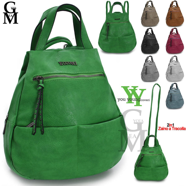 yyCOVERI zaino borsa donna pera verde nuovo TRASFORMABILE giornaliero 2in1 pelle