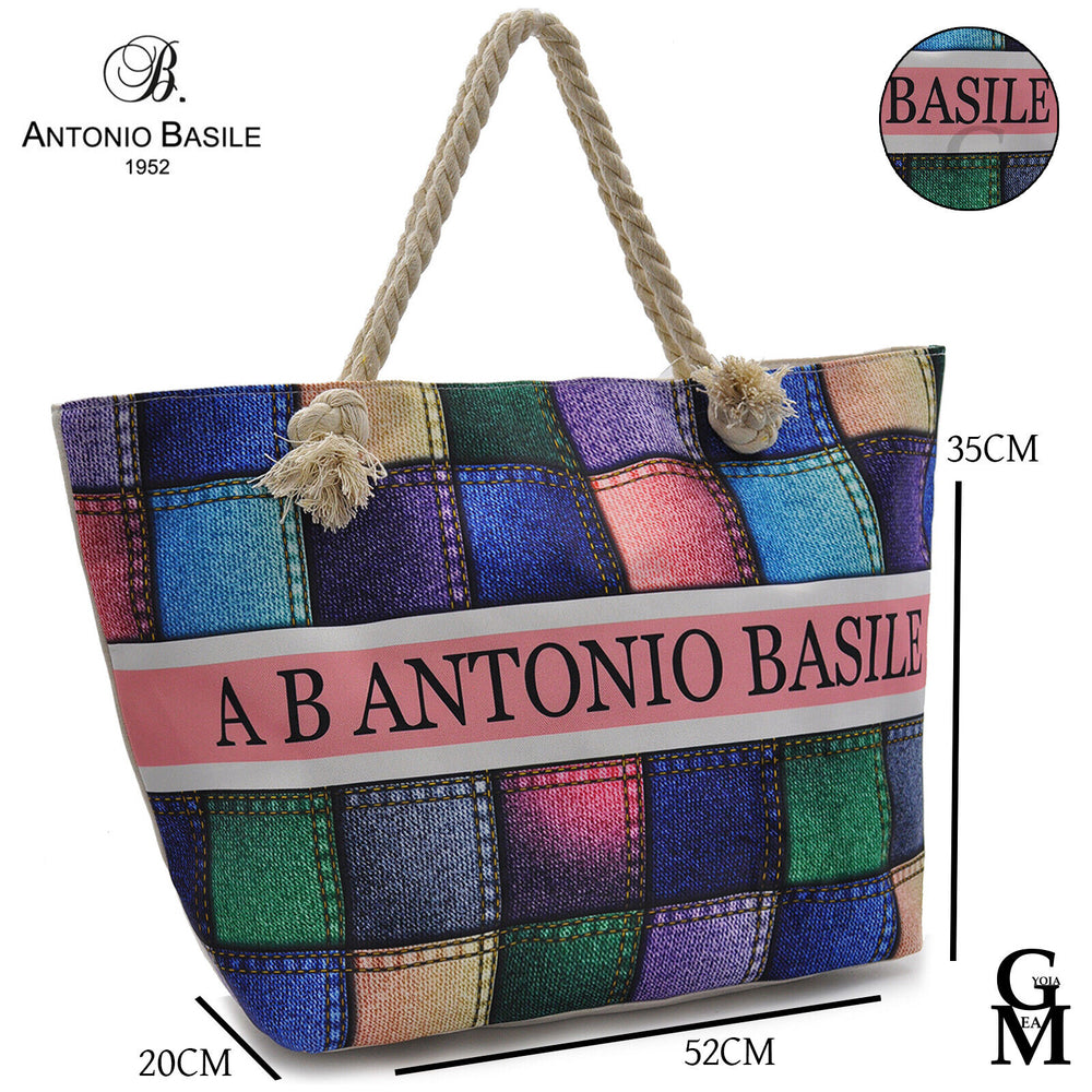 borsa mare firmata A.Basile capiente a fantasia colorata manici in corda casual