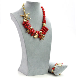 Parure Collana e bracciale rossa conchiglie stelle marine corallo rametti bijoux