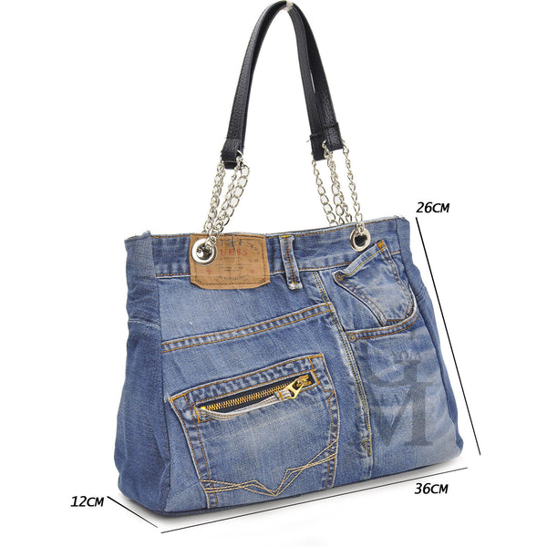 Borsa jeans artigianale shopping capiente donna manici catena artigianale moda