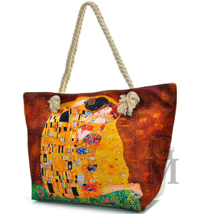 BORSA mare klimt il bacio dipinto stampa DONNA tessuto manici corda tela gialla