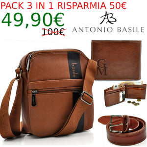 Pack 3in1 Borsello uomo A. Basile + portafoglio + cintura in vera pelle italy 03